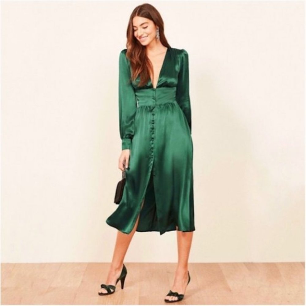 Reformation Nicola Silk Midi Dress Emerald Green 4 - Picture 10 of 12